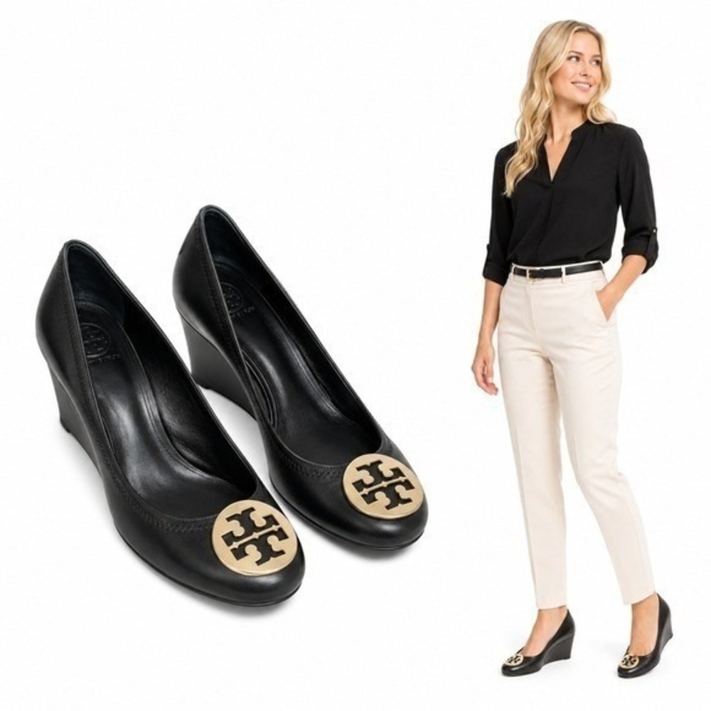 Tory Burch Sally Wedge Pumps Womens 8 Black Leather Logo Comfort Heels Shoes